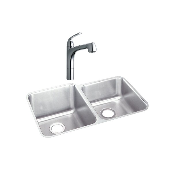 Elkay Lustertone Stainless Steel 31-1/4 X 20-1/2 X 9-7/8 Offset Double Bowl Undermount Sink + Faucet Kit LKGTPKG2CR - main